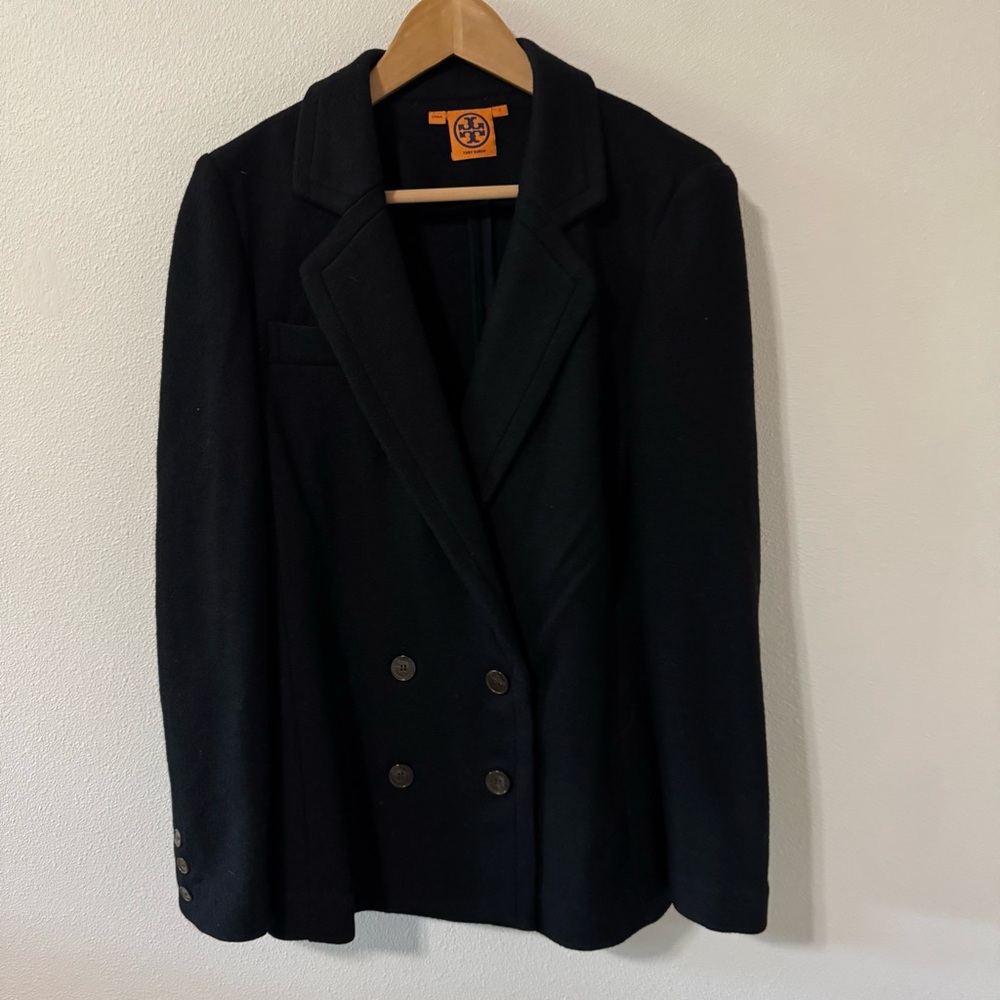Tory Burch Wool Double Breasted Blazer Black Unstructured Minimalist Career-S